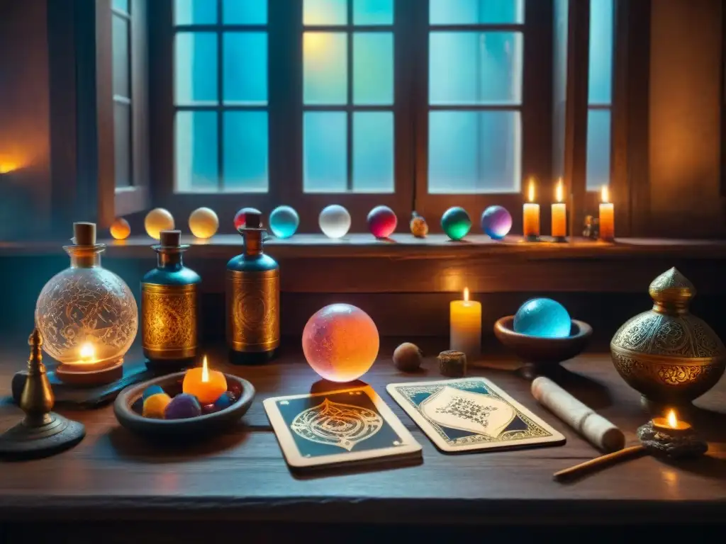Mesa de adivinación: magia antigua y misterio Un mágico cuarto iluminado tenue con mesa de madera llena de herramientas místicas para adivinación con tintes místicos