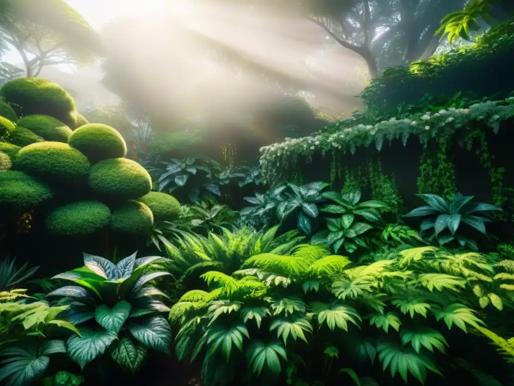 Un jardín botánico mágico con plantas exóticas y aura mística