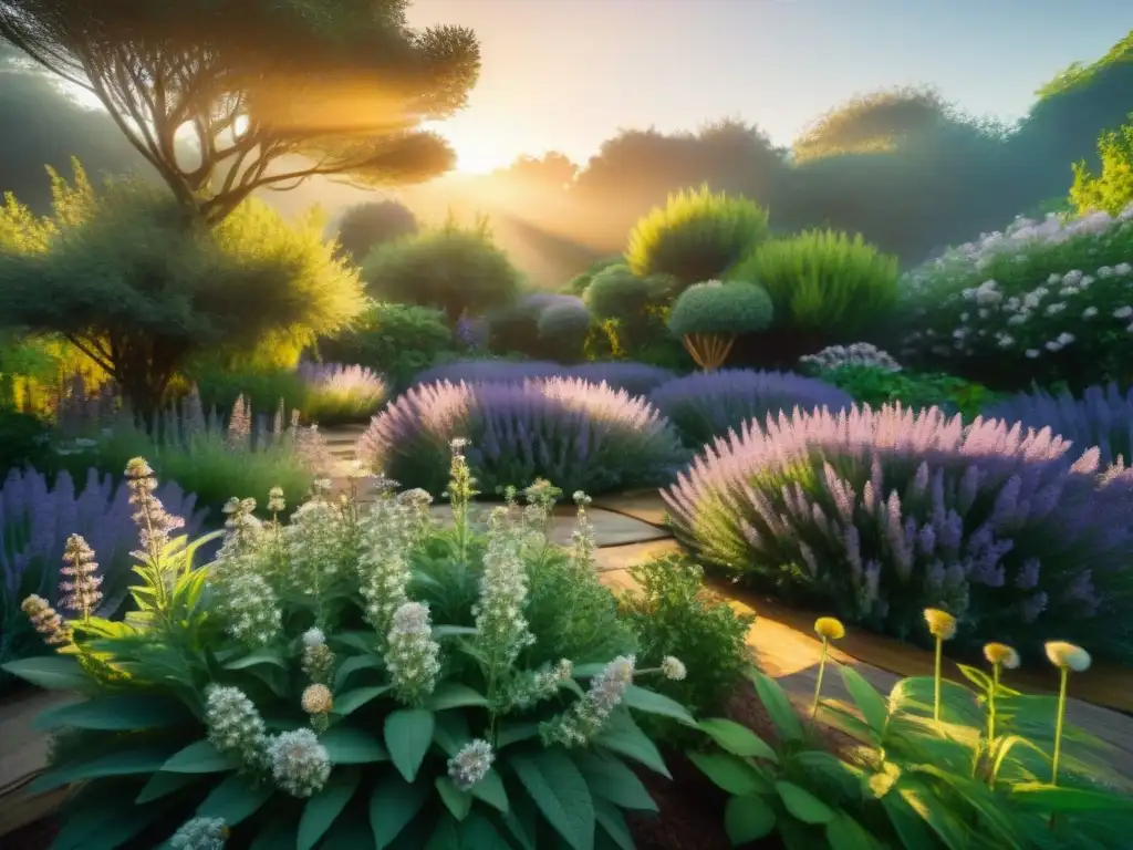 Un jardín botánico mágico con plantas que emiten luz, rodeadas de abejas y mariposas