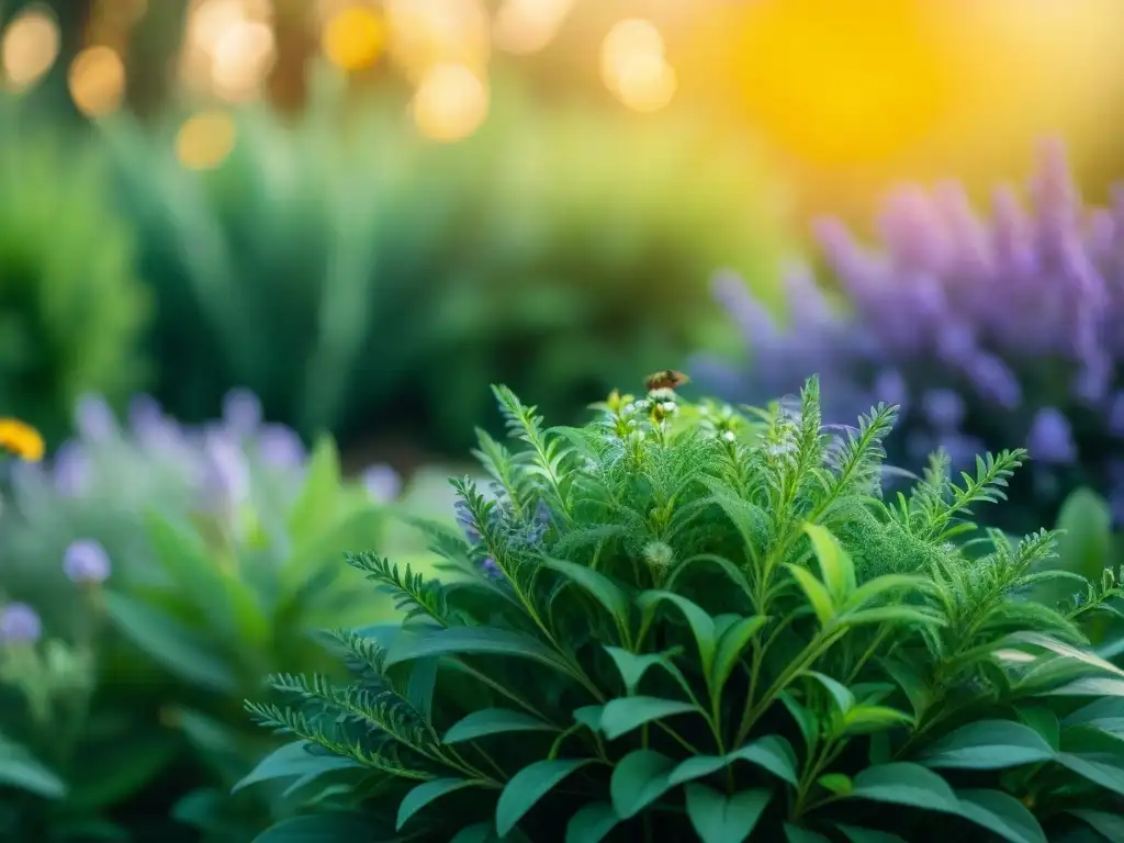 Un jardín mágico con plantas neopaganas: sage, lavanda, romero y manzanilla, bañado por la luz del sol