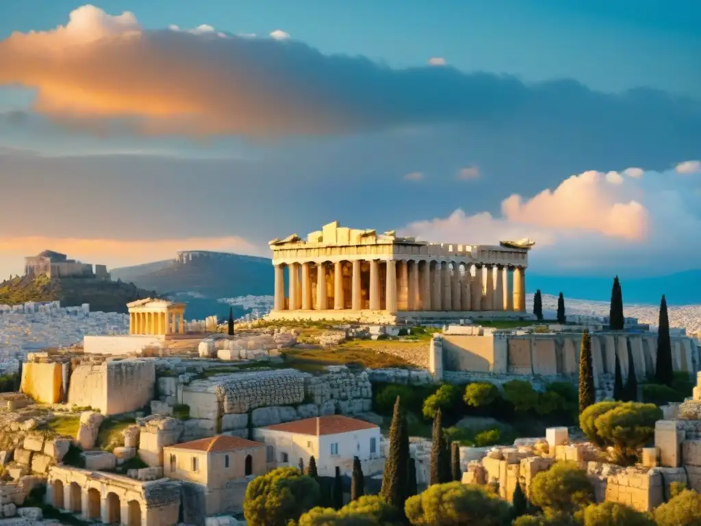 La majestuosa Acrópolis de Atenas iluminada por un vibrante atardecer, revelando su significado oculto en cada detalle arquitectónico