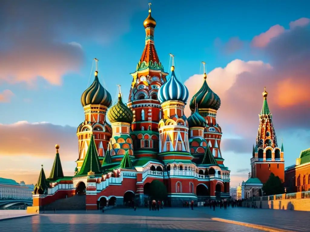 La majestuosa arquitectura de la Catedral de San Basilio en Moscú, Rusia, bajo un cielo vibrante al atardecer