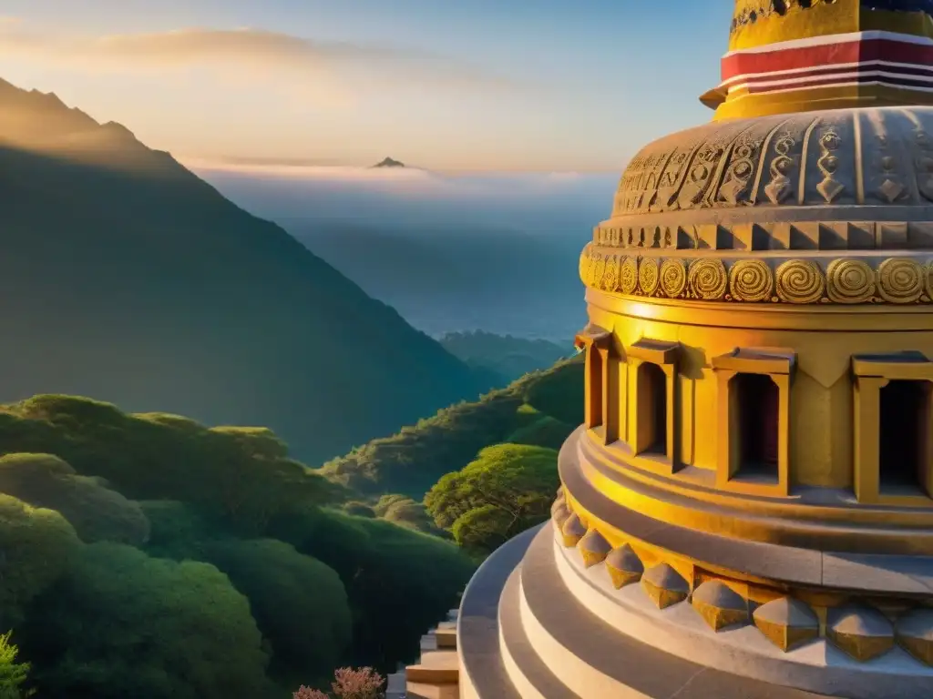 Majestuosa estupa budista al amanecer, con detalles arquitectónicos iluminados por la primera luz, destacando el significado e historia de stupas