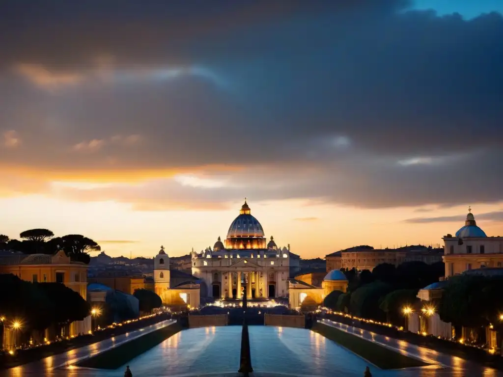 La majestuosa Ciudad del Vaticano al atardecer, con la basílica de San Pedro iluminada