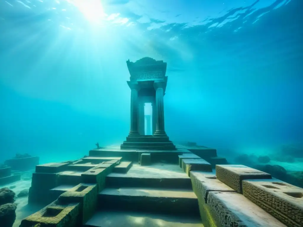 Majestuosa ciudad sumergida en Dwarka, India, con antiguas columnas y vida marina, misterioso paisaje acuático