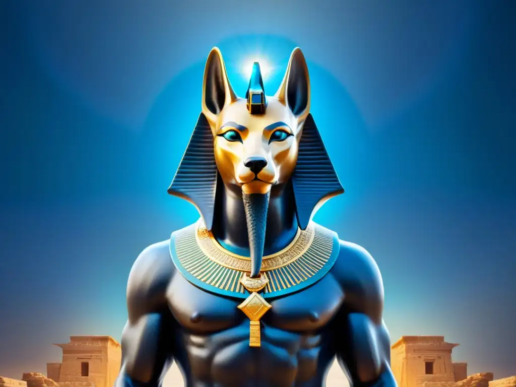 Una majestuosa representación de Anubis, dios egipcio, en el juicio de almas en el Duat