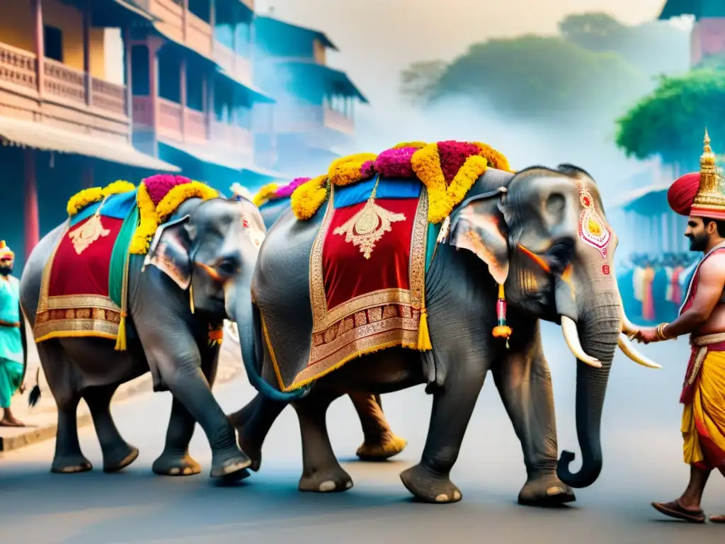 Procesión majestuosa de elefantes adornados en la antigua India, destacando el significado cultural de estos animales