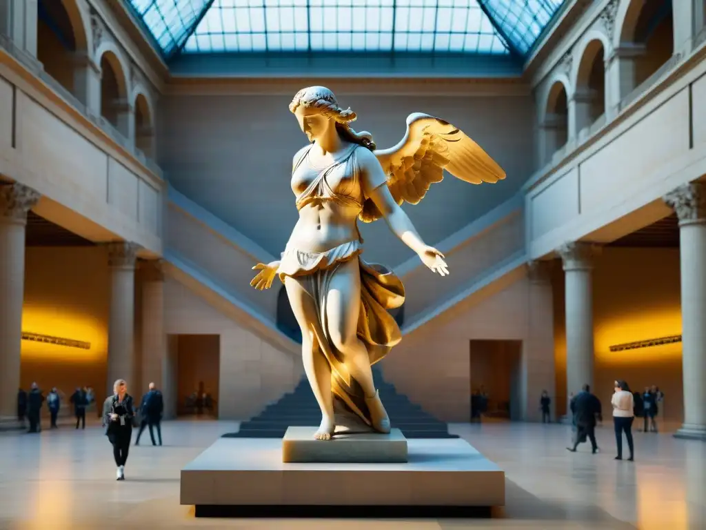 Una majestuosa escultura de la diosa Nike de Samotracia, en el Louvre, irradia energía positiva y la influencia de las antiguas esculturas