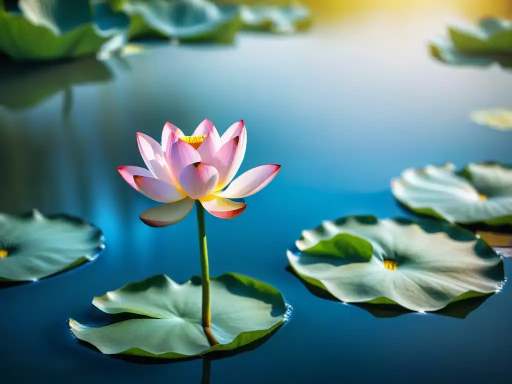 Una majestuosa flor de loto en un estanque sereno, rodeada de hojas verdes, bañada por la luz dorada del sol