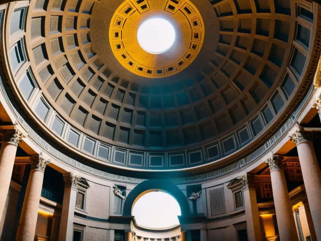 La majestuosa Geometría Sagrada en Arquitectura Antigua del techo del Panteón en Roma, iluminado por la luz natural