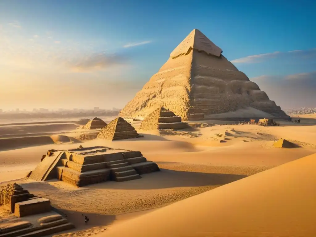 Majestuosa Esfinge de Giza al amanecer, con pirámides de fondo y misteriosa atmósfera