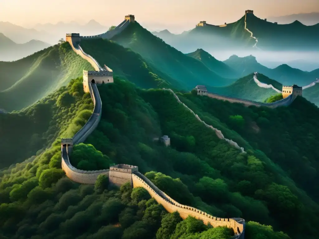 La majestuosa Gran Muralla China serpenteando entre las montañas, destacando su diseño arquitectónico e ingeniería de los Dioses Antiguos