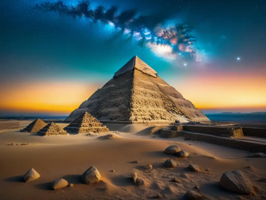 La majestuosa Gran Pirámide de Giza destacando en el cielo estrellado, evocando la astronomía egipcia: estrellas Nilo