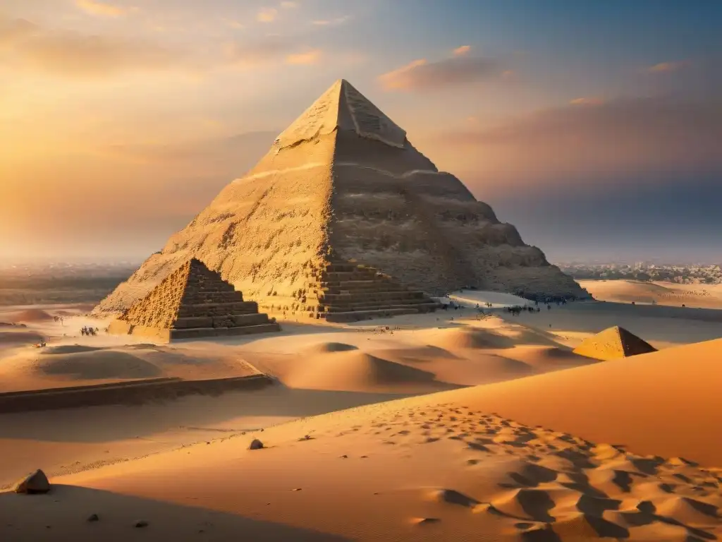 La majestuosa Gran Pirámide de Giza iluminada por el cálido sol poniente, en un escenario de retiros espirituales pirámides Egipto