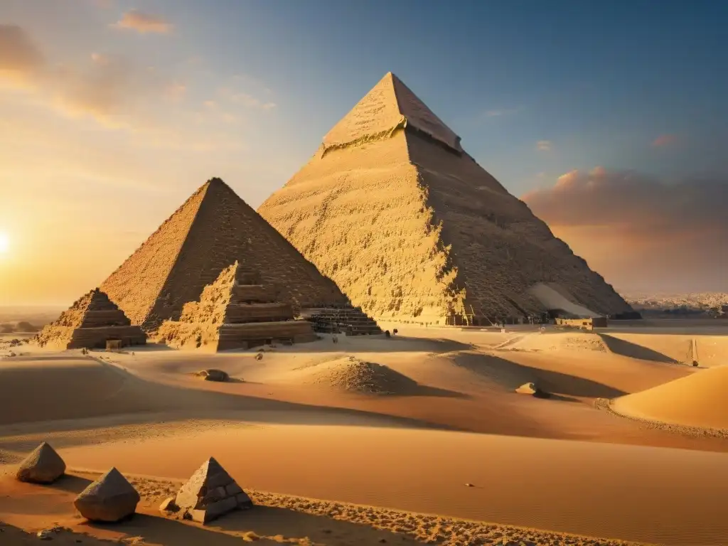 La majestuosa Gran Pirámide de Giza al atardecer, resaltando la precisión y grandeza de las antiguas civilizaciones