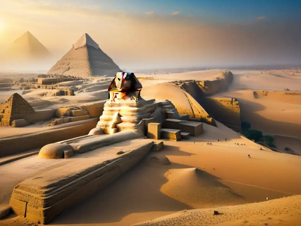 Majestuosa imagen de la Gran Esfinge de Giza en la Necrópolis, resaltando su enigmática aura en el desierto al atardecer