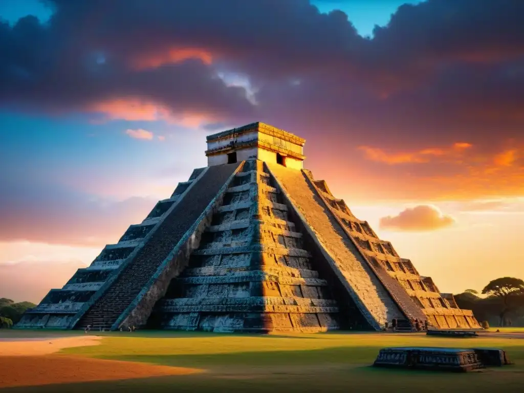 Majestuosa pirámide maya al atardecer, con intrincadas inscripciones y cielo estrellado