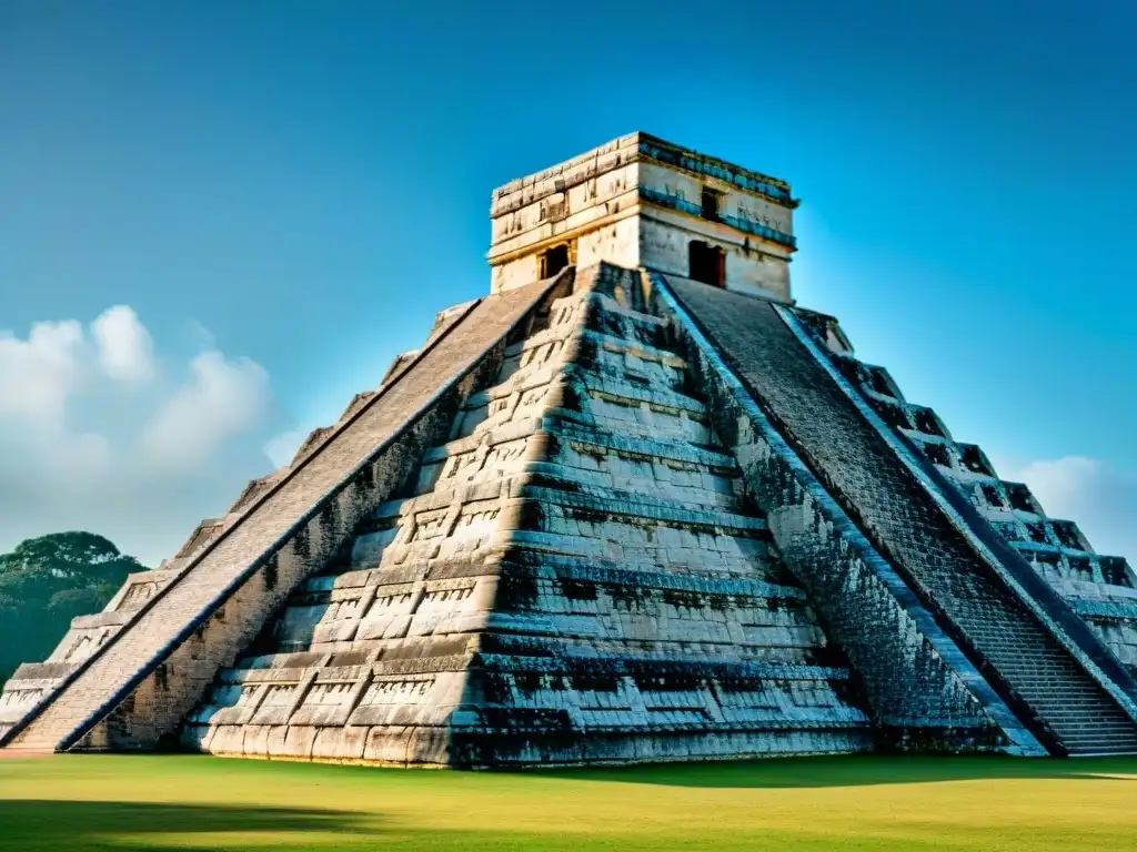 Majestuosa pirámide maya de Chichén Itzá con grabados detallados, bajo cielo azul y exuberante vegetación