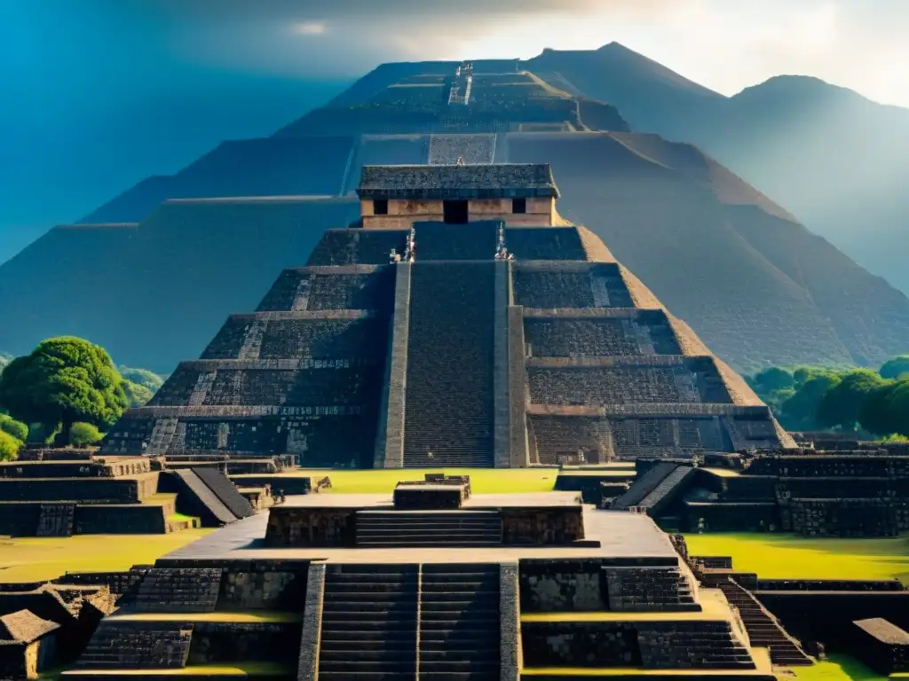 Majestuosa pirámide del Sol en Teotihuacán, con sus bloques de piedra detallados bajo el sol