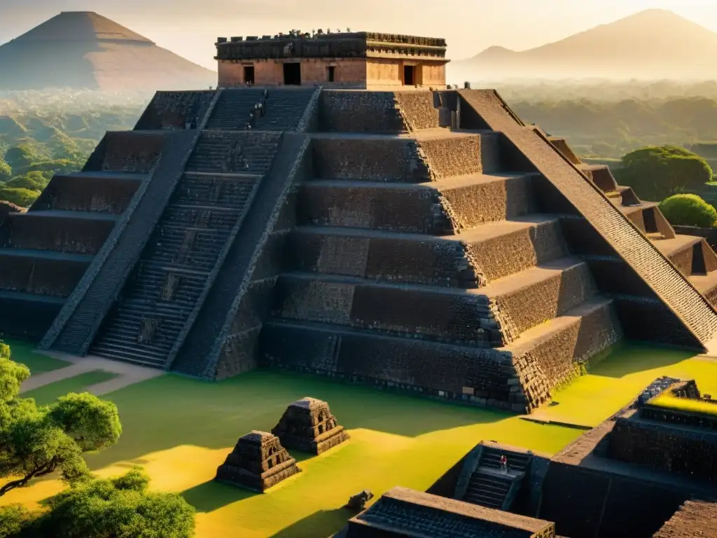 La majestuosa Pirámide del Sol en Teotihuacán al amanecer, destacando las intrincadas esculturas de piedra y la grandeza de la ciudad antigua