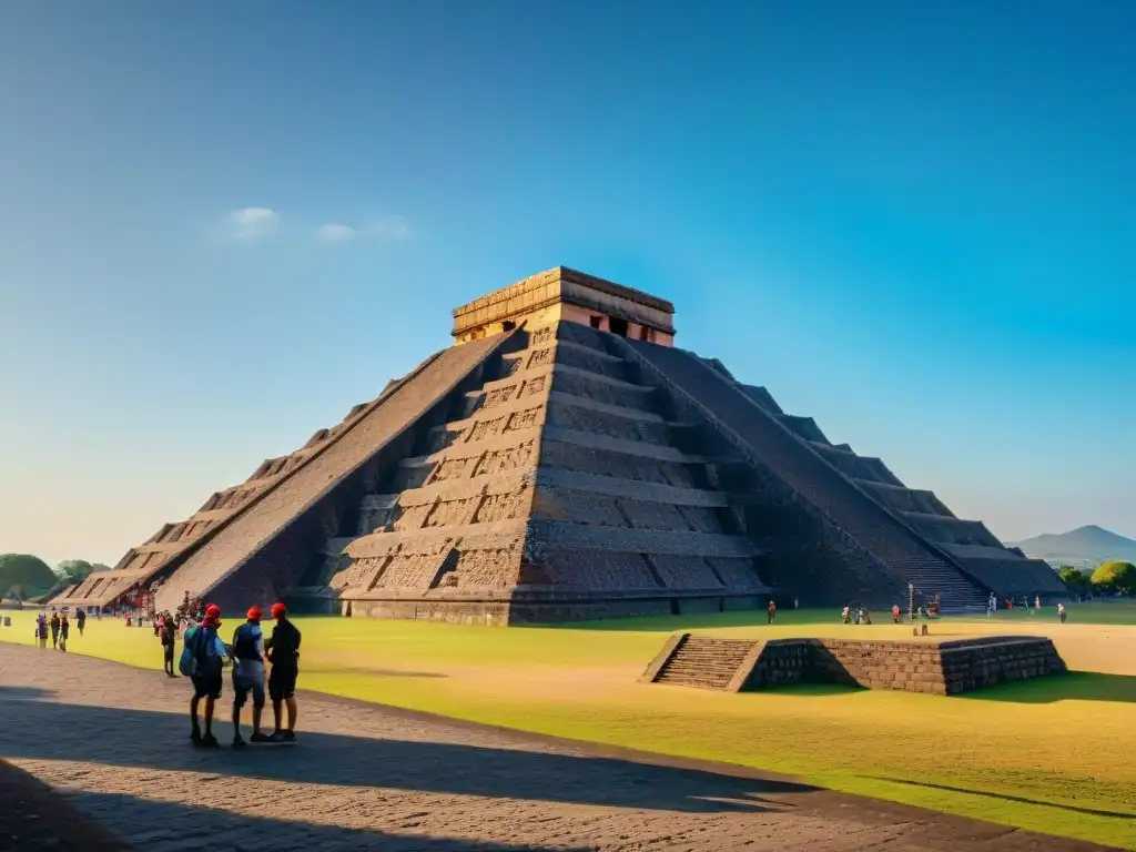 Explora la majestuosa Pirámide del Sol en Teotihuacán, donde hombres se convierten en dioses bajo un cielo azul