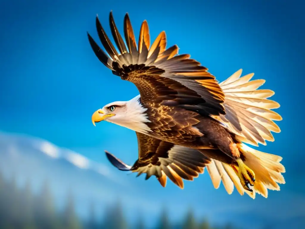 Un águila majestuosa en pleno vuelo, con cada pluma detallada y brillante bajo el sol, significado vuelo pájaros augurios