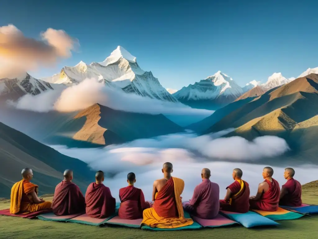 Majestuosa práctica de meditación monjes tibetanos al amanecer en el Himalaya