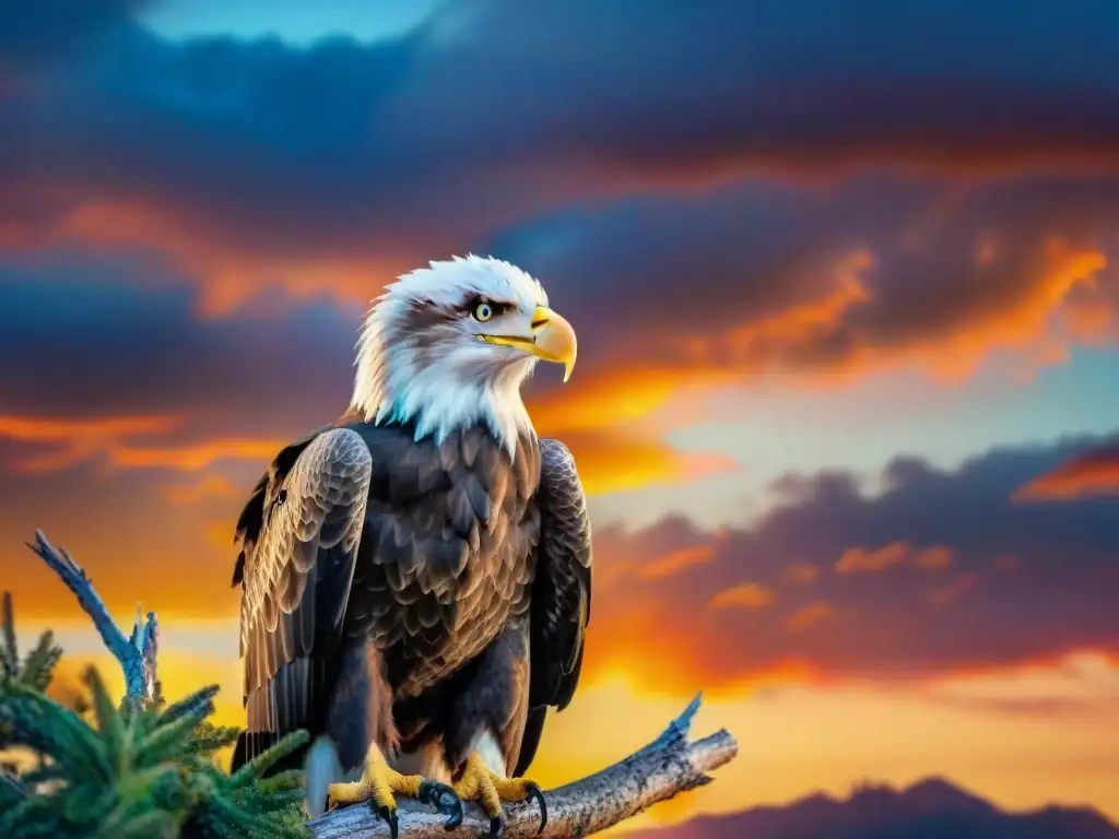 Águila calva majestuosa en rama de árbol, conecta con tu animal espiritual en atardecer colorido