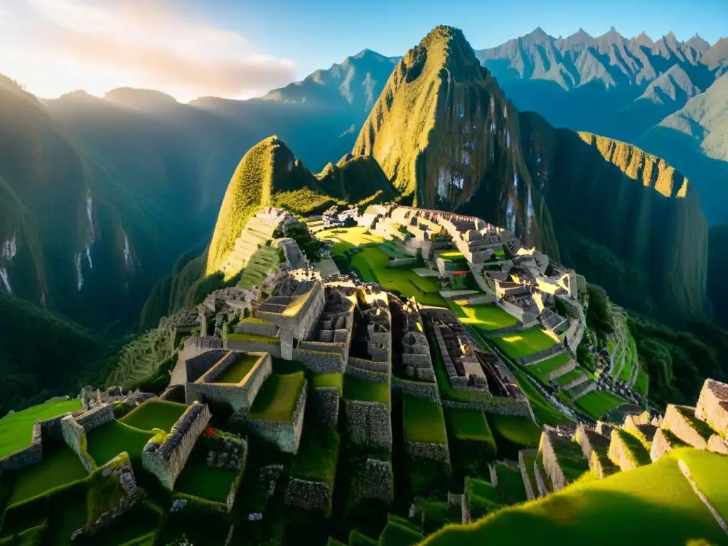 La majestuosa Machu Picchu con un reloj solar inca y terrazas verdes, simbolizando la Interpretación de fenómenos naturales antiguos