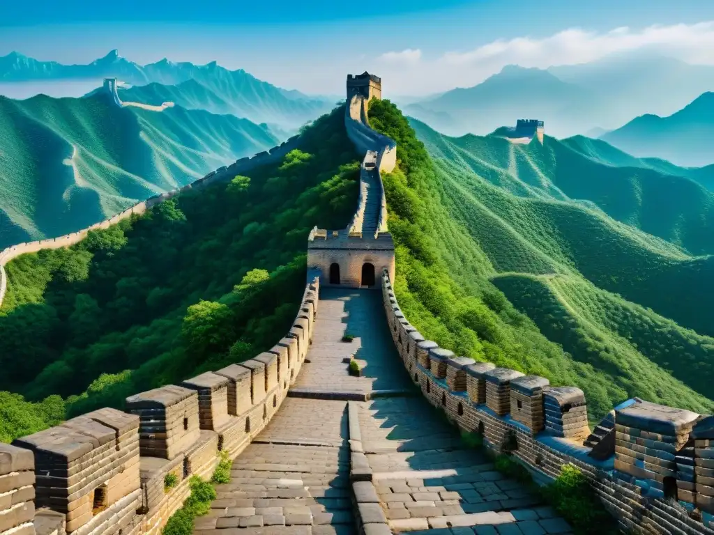 Majestuosa sección de la Gran Muralla China entre montañas, destacando su antigua arquitectura en contraste con la naturaleza