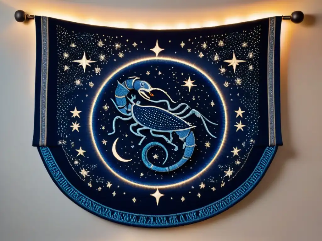 Una majestuosa decoración según signo zodiacal: tapiz de Escorpio en tonos profundos, estrellas y elementos celestiales