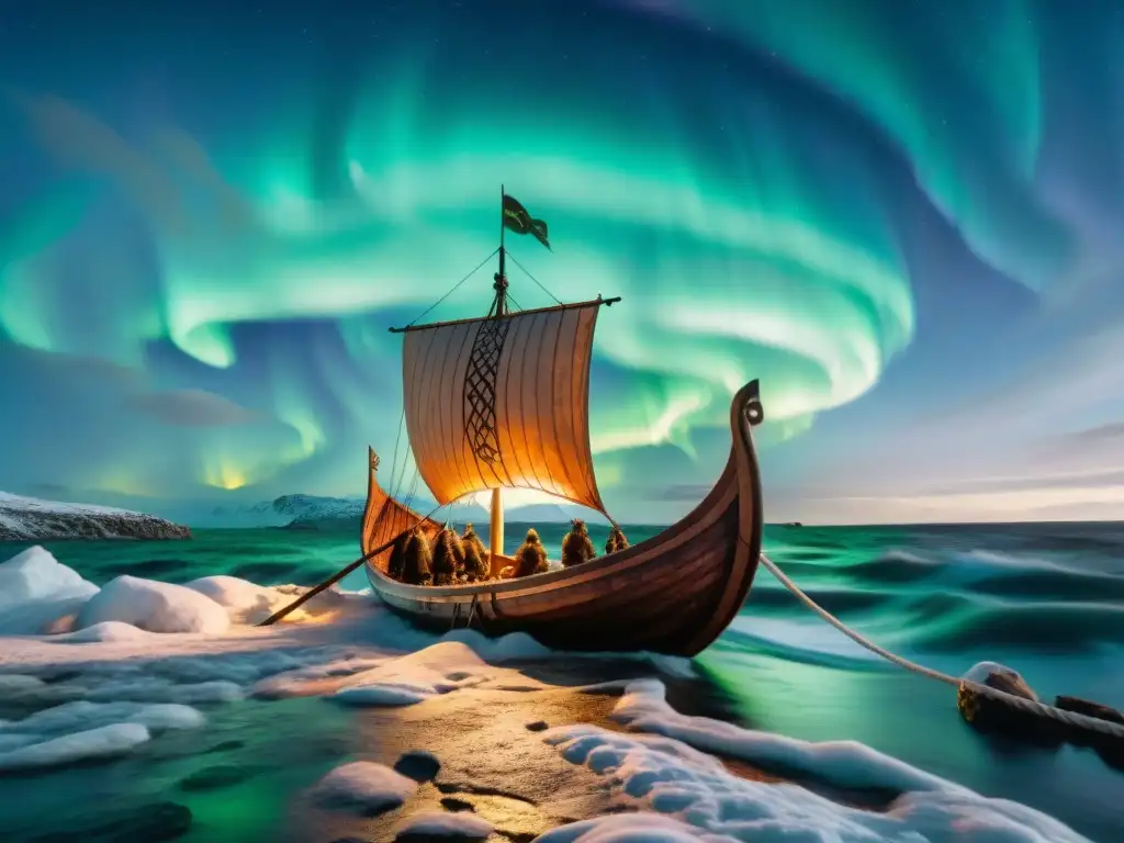 Una majestuosa talla de madera de un barco vikingo surcando mares tormentosos bajo las Luces del Norte, con runas nórdicas grabadas