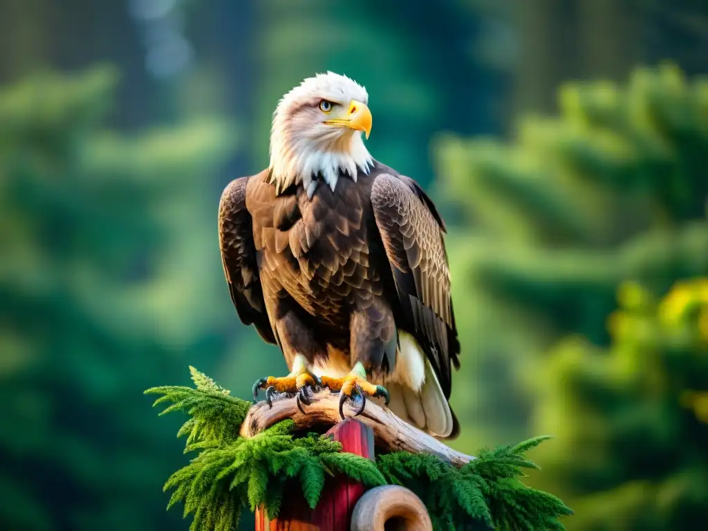 Un águila calva majestuosa en un tótem, conectando con el significado tótem espíritus animales en un bosque mágico