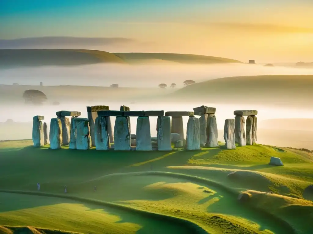 Majestuosa vista aérea de Stonehenge al amanecer, revelando sus secretos cósmicos en la neblina matutina