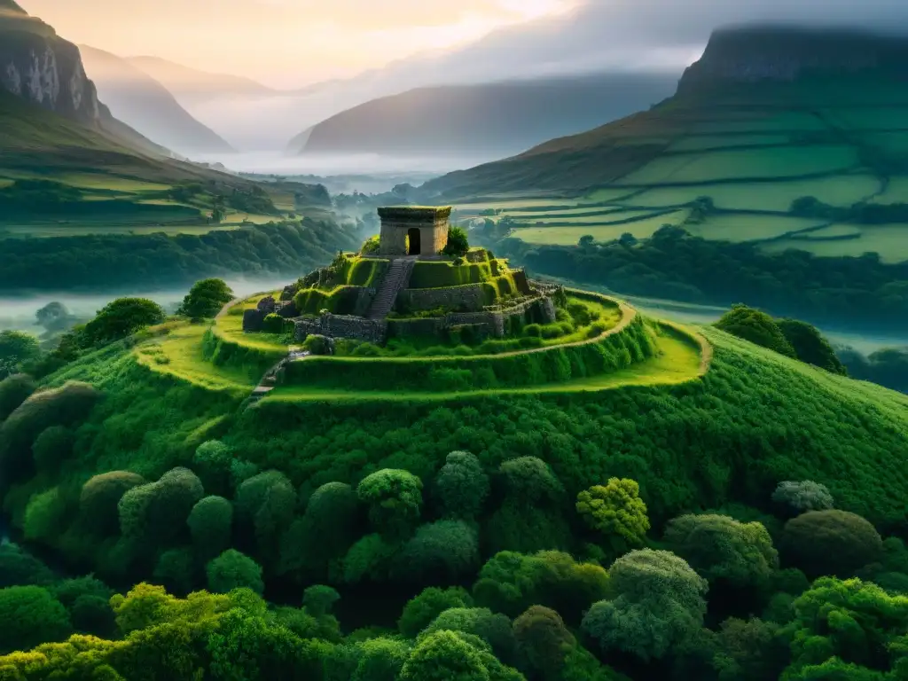 Majestuosa vista aérea de valle verde entre montañas neblinosas, ruinas celtas emergen bajo la vegetación