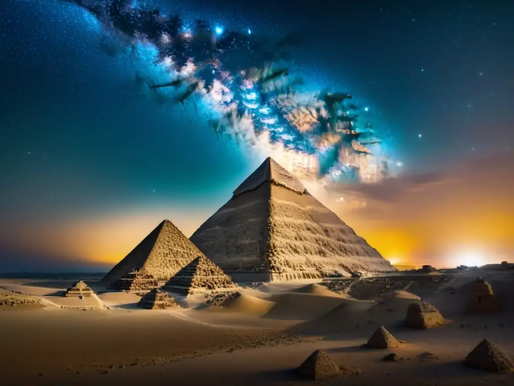 Majestuosa vista nocturna de las Pirámides de Giza bajo un cielo estrellado, heredando el legado astronómico pirámides Egipto