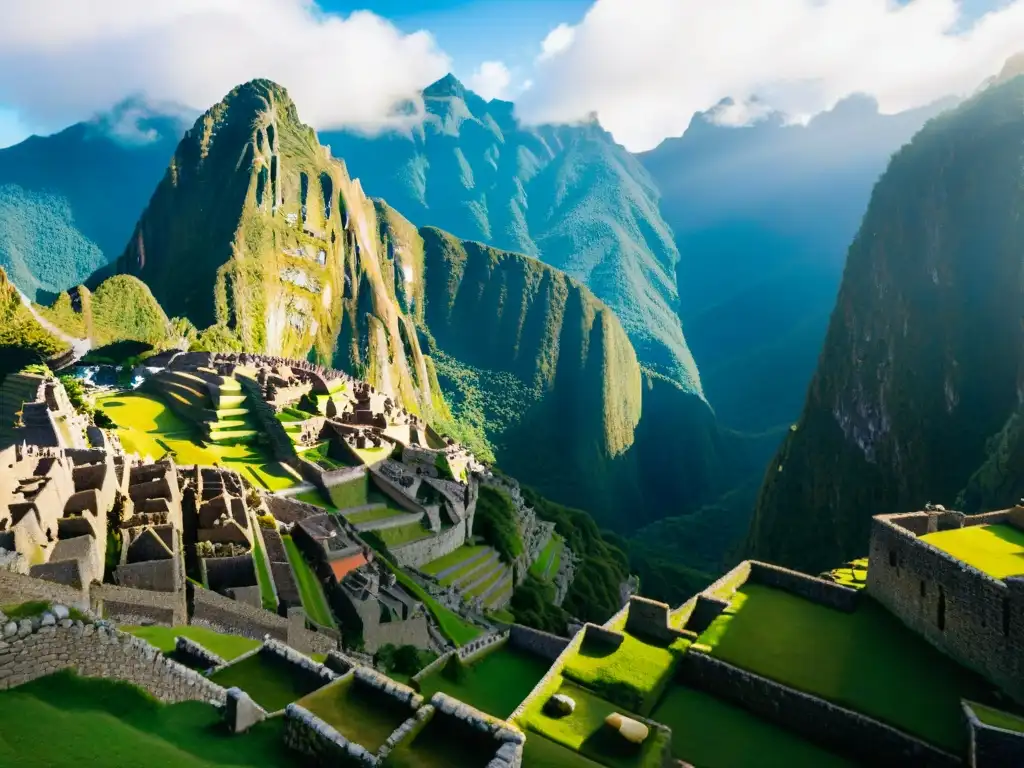 Majestuosas construcciones ciclópeas antiguas misterios en Machu Picchu, con paisaje montañoso de fondo