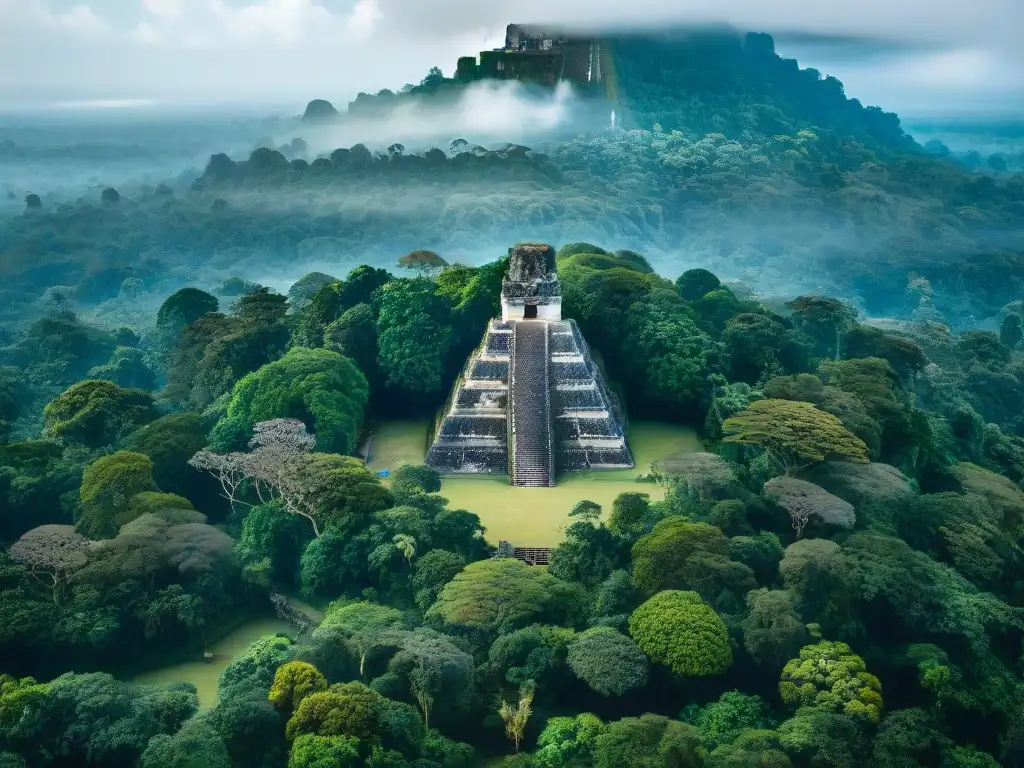 Majestuosas pirámides de la antigua ciudad maya de Tikal entre la exuberante selva, bajo un cielo azul