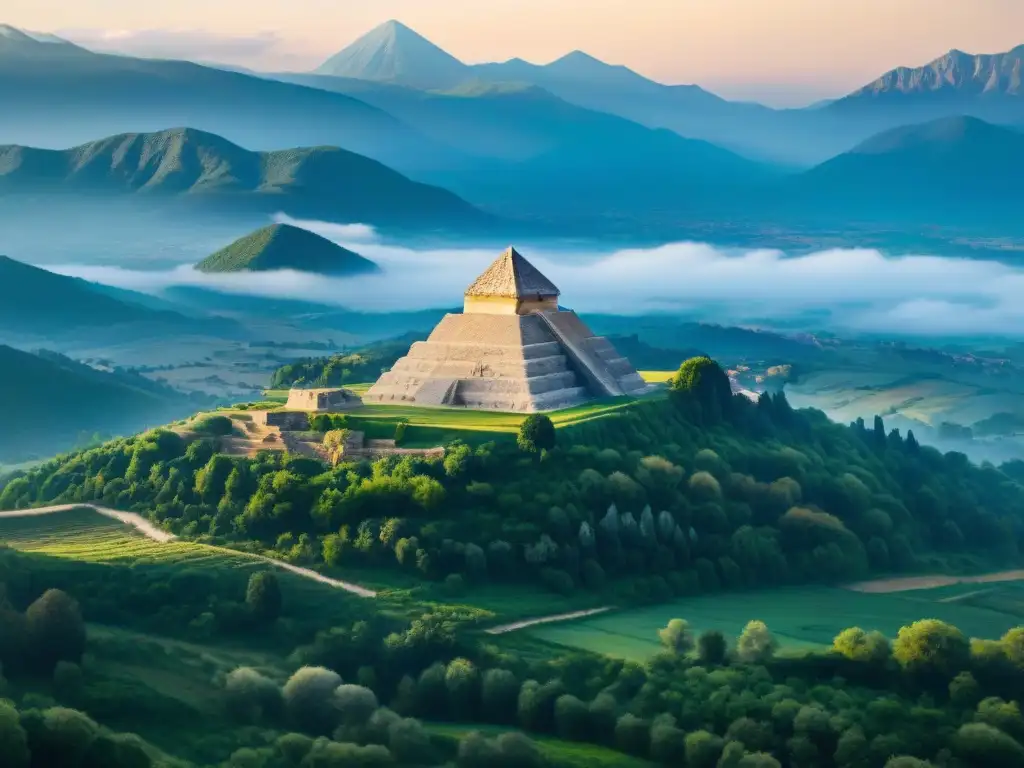 Majestuosas Pirámides Bosnias, origen humanidad, bañadas por la luz del sol en un entorno verde y misterioso