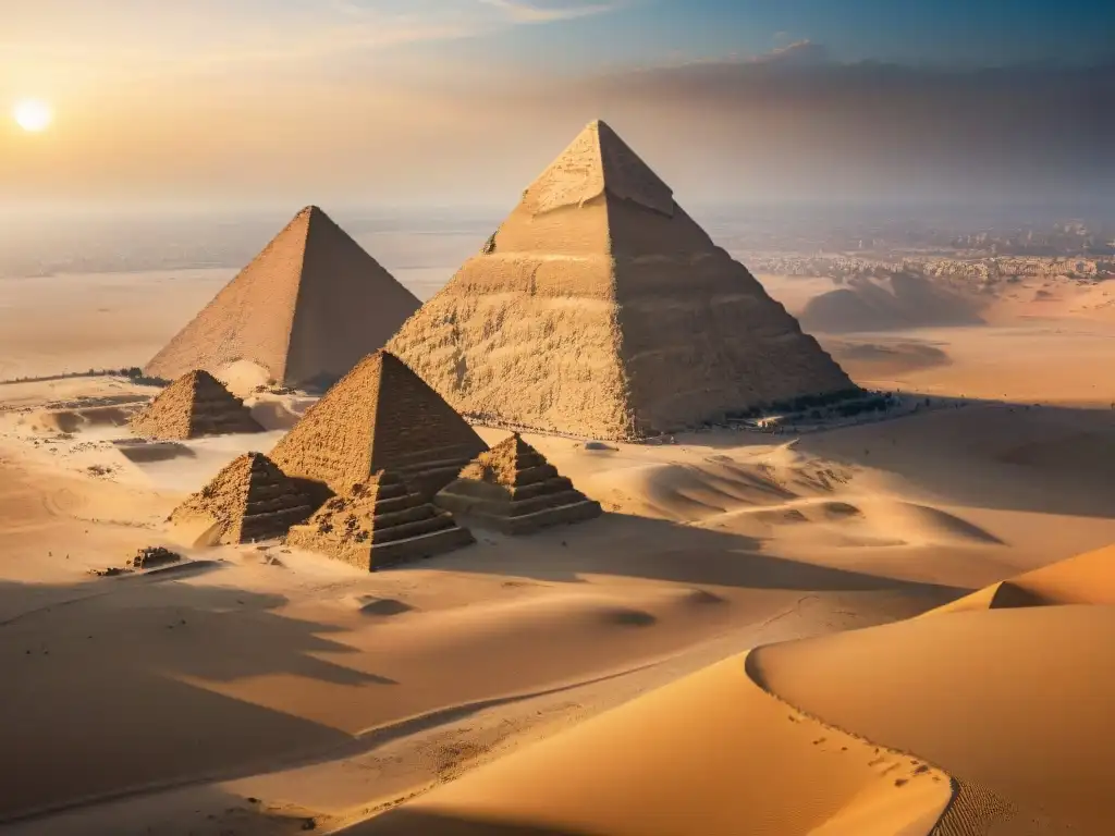 Majestuosas pirámides de Giza al atardecer, revelando mitos y realidades pirámides antiguas