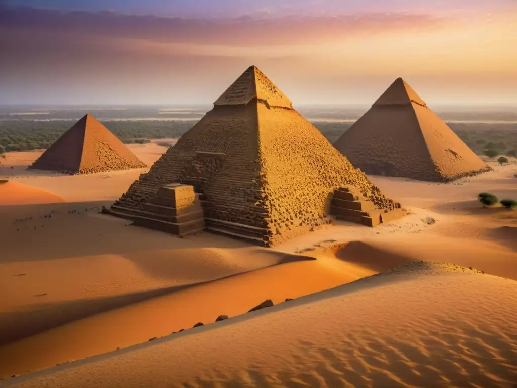 Majestuosas Pirámides de Meroe bañadas en el resplandor dorado del atardecer, bajo un cielo místico de tonos cálidos