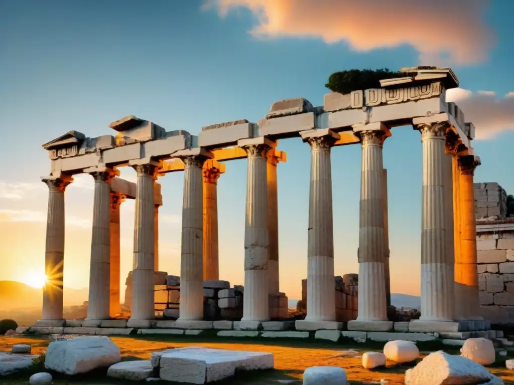 Majestuosas ruinas de la Escuela de Filosofía en Atenas al atardecer, evocando misterios y antiguas enseñanzas