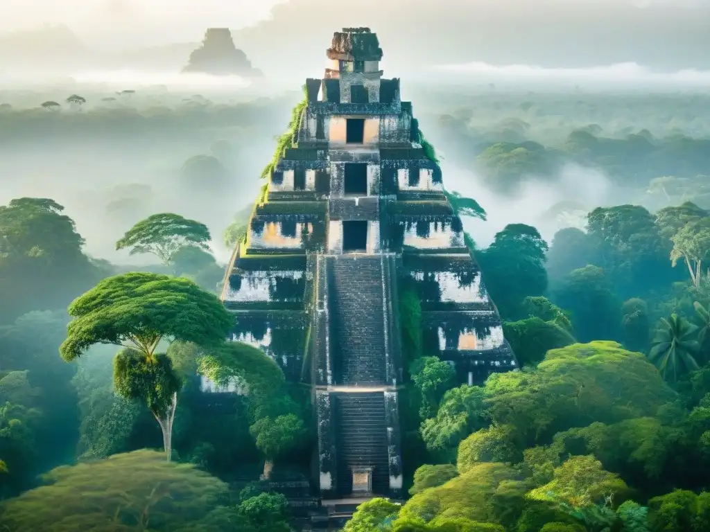 Majestuosas ruinas mayas de Tikal envueltas en niebla al amanecer, mostrando la adaptación de civilizaciones precolombinas al cambio climático