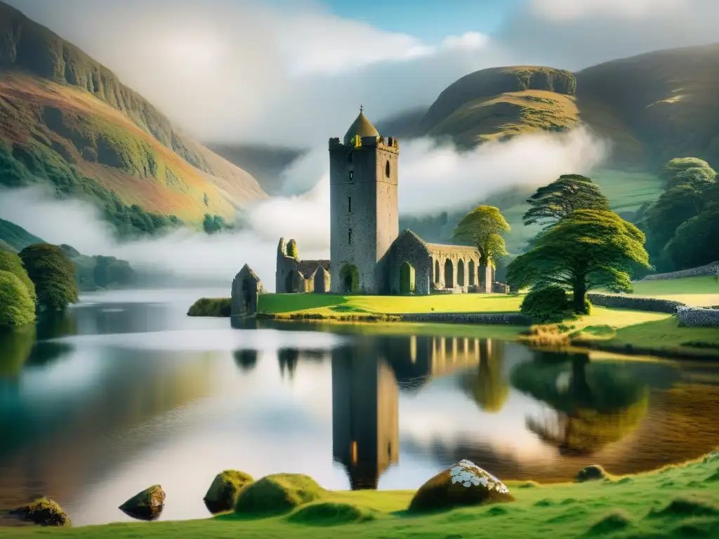 Majestuosas ruinas del sitio monástico de Glendalough en Irlanda celta, evocando paz y conexión con la naturaleza