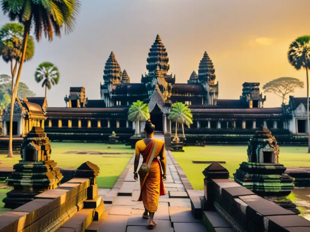 Majestuosas tallas y detalles arquitectónicos de Angkor Wat al amanecer, resaltando la riqueza cultural y las técnicas renacentistas