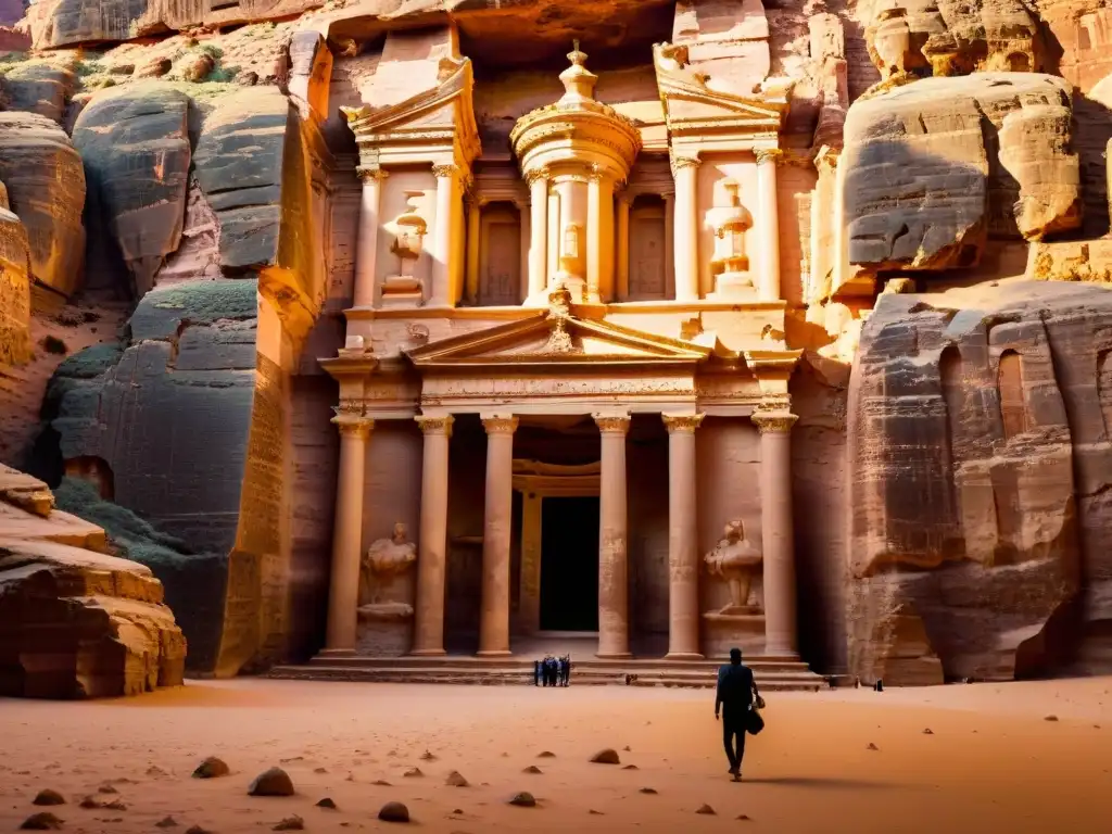 La majestuosidad de AlKhazneh en Petra, Jordania, destaca detalles arquitectónicos nabateos en roca rojiza