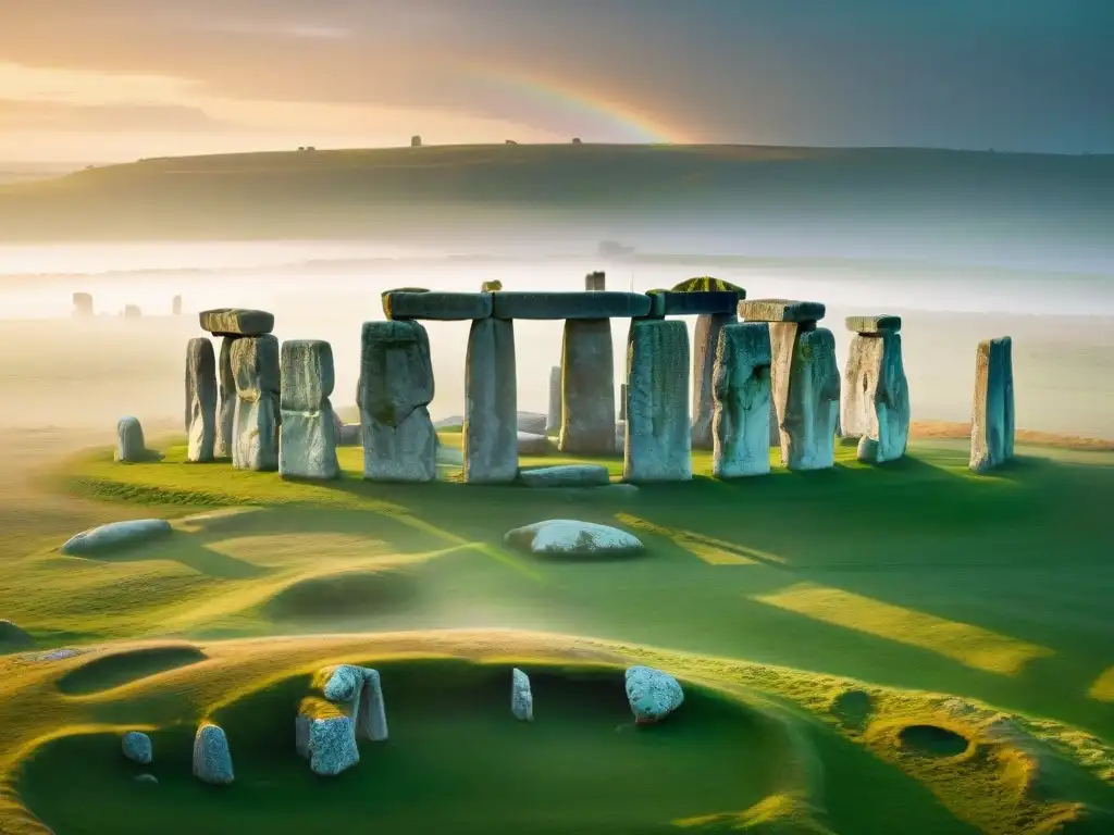 Majestuosidad ancestral de Stonehenge al amanecer, con sombras que proyectan la astrología en la prehistoria