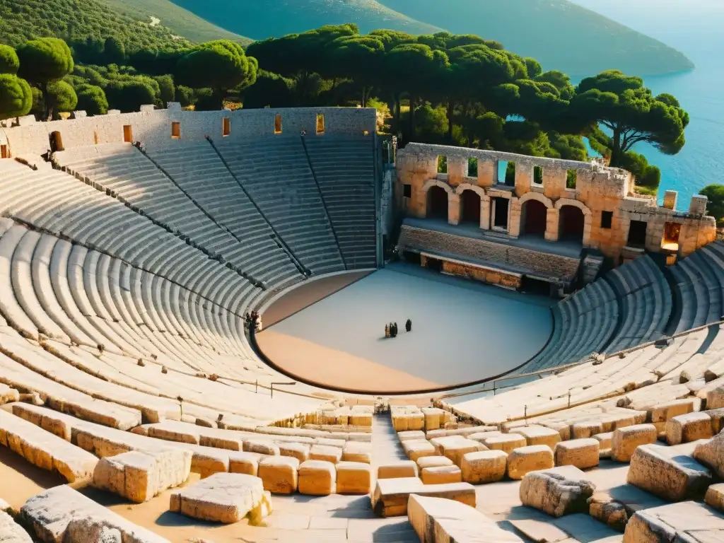 La majestuosidad de la antigua acústica del teatro de Epidauro, resaltando la ingeniería de sonido en teatros