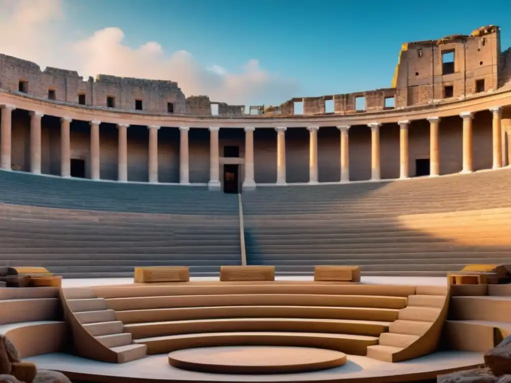 La majestuosidad de un antiguo anfiteatro con diseño acústico, resaltando su avanzada Ingeniería de sonido en teatros