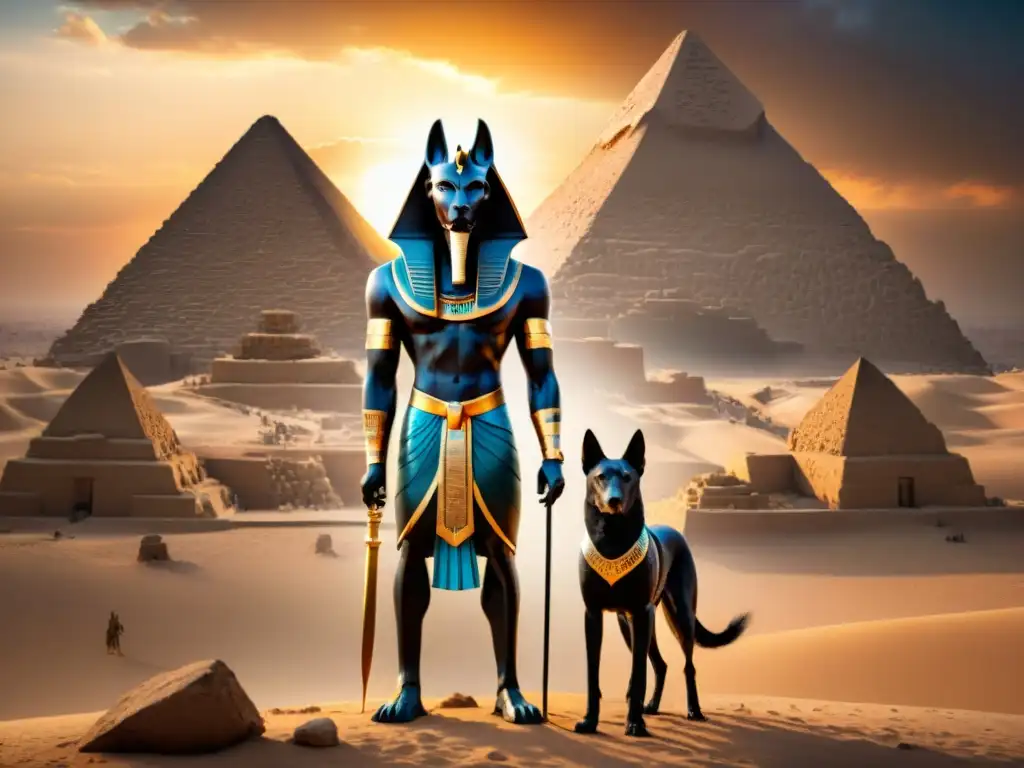 La majestuosidad del dios Anubis en el antiguo Egipto, rodeado de símbolos de la muerte y el más allá